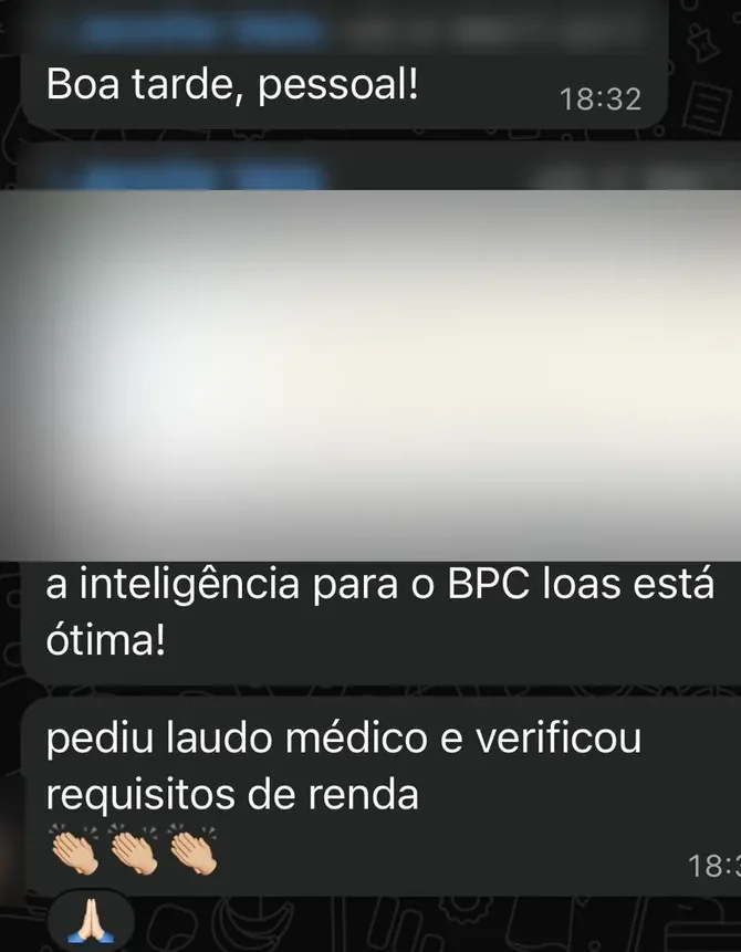 Conversa de WhatsApp: cliente elogia a inteligência da IA na triagem de um caso de BPC/LOAS, destacando que pediu laudo médico e verificou requisitos de renda.